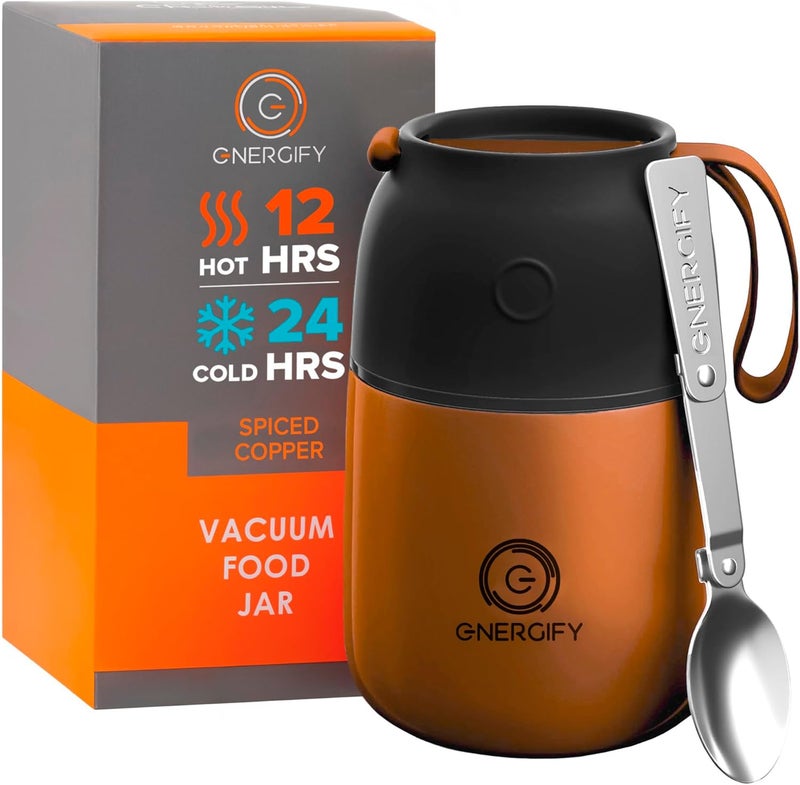 ENERGIFY Vacuum Insulated Food Jar. Large 17oz Bowl incl Folding Spoon, Cup. Wide Mouth Keep Hot & Cold Drinks Soup Lunch Container for Adults BPA-Free Stainless Steel, Leak Prooff Spiced copper - Image 1